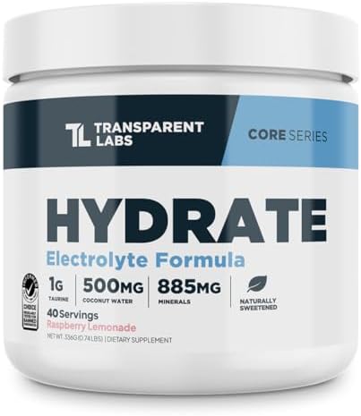 Transparent Labs Hydrate Sugar Free Electrolytes Powder - Hydration Powder Electrolytes with Coconut Water, Calcium, Taurine, & Potassium - 40 Servings, Raspberry Lemonade by TransparentLabs