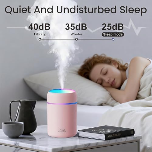 Portable Colorful Cool Mini Humidifier,Aroma Essential USB Personal Desktop Humidifier, for Bedroom, Office & Car(300ml, White) (pink) - Image 5