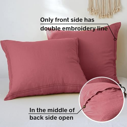 Simple&Opulence 100% French Linen Euro Shams with Embroidery (26'' x 26'') - Pack of 2 - Pre Washed Solid Color Natural Flax Soft Breathable - Coral Red - Image 2