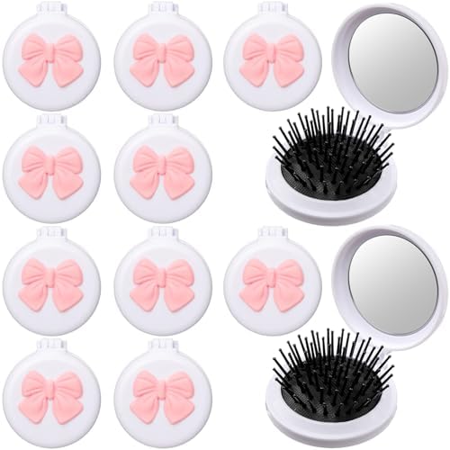 12 Pcs White Coquette Bow Mini Hair Brushes Folding Mirror Coquette Detangler Brush Bulk Round Compact Massage Scalp Comb for Purse Women Travel Team Gifts Trendy Stuff Party Favors by Yiyiring