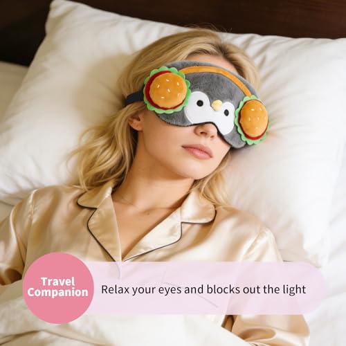PERFECTSIGHT Sleep Eye Masks, Cute Penguin Plush Sleep Eye Cover Lightweight Adjustable Eyeshade Faux Fur Mask Cover for Women Men Sleep Travel Nap, Burger Headphone - Image 3