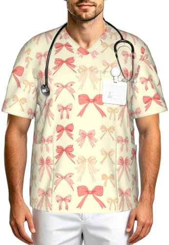 Men's Scrub Top,V-Neck Spill Wrinkle Resistant,3 Pockets-Preppy-Style Bow (1) by Unknown