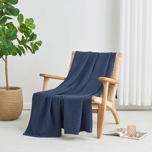 100% Cotton Blue Blanket Full/Queen Size for Bed - Breathable and Soft, Waffle Weave for Summer Spring, 90x90 Inches (Navy) - Image 3