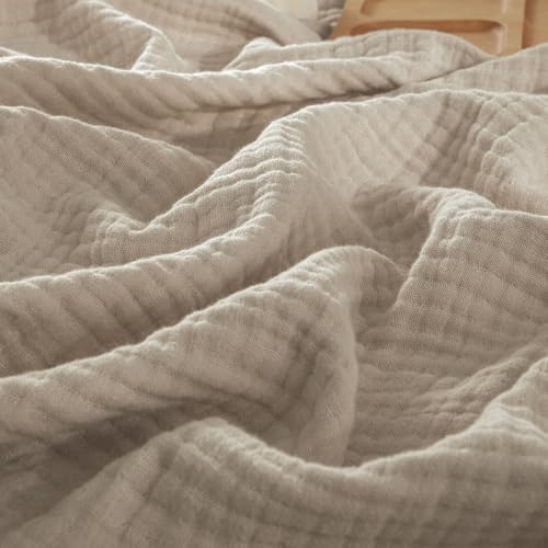 PHF 100% Cotton Muslin Throw Blanket 50" x 60", 4-Layer Lightweight Gauze Throw, Breathable Cloud-Soft Minimalist Blanket for Bed, Couch, Camping, Taupe, Ideal Gift by PHF