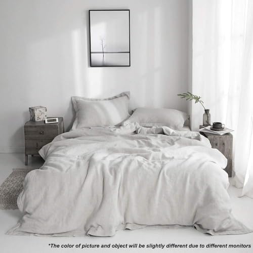 Simple&Opulence 100% Linen Duvet Cover Set with Embroidery Border Washed - 2 Pieces (1 Duvet Cover & 1 Pillow Sham) with Button Closure Soft Breathable Farmhouse - Light Grey, Twin Size - Image 5