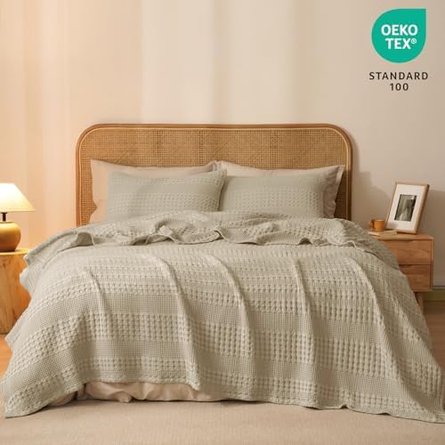 PHF Lightweight 100% Cotton Waffle Blanket for Bed, King, Khaki - Image 5