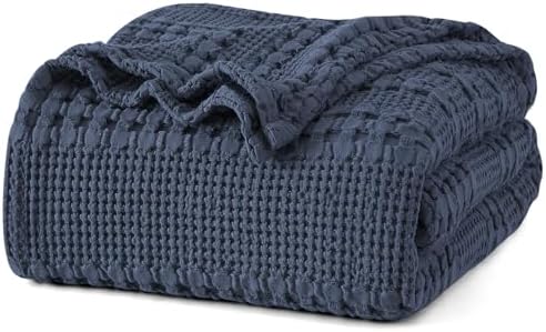 PHF Lightweight 100% Cotton Waffle Blanket for Bed, Queen, Indigo by PHF