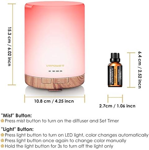 URPOWER 300ml Essential Oil Diffuser with 6 Bottles 10ml Most Popular 100% Pure Aromatherapy Essential Oils, Aroma Gift Set Cool Mist Humidifier with 15 Lighting Modes Light for Bedroom Home Office - Image 6