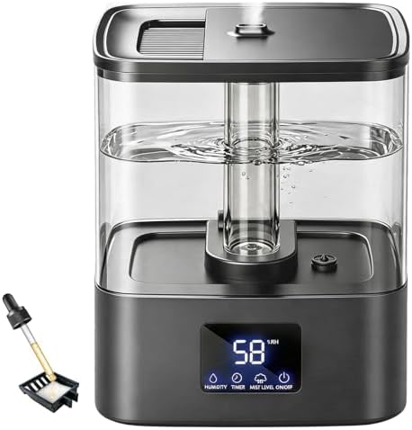 KZF 6L Top Fill Humidifiers for Bedroom & 60H Runtime - Cool Mist Humidifier, 3 Mist Levels, 8H Timer, Essential Oil Tray, Humidity Display, Quiet for Bedroom, Baby, Plants, Large Room (Black, 6L) by BreathePureLiveNaturally