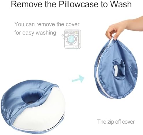 Washable Silky Satin Ear Piercing Pillow Cover, Removable Pillowcase Smooth Cooling Donut Pillow Case Hole for Ear Pain Relief CNH Sleeping Pressure Sore Side Sleepers Ear Guard Protector, Haze Blue - Image 3