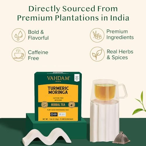 VAHDAM, Turmeric Moringa Tea Bags (15 Herbal Tea Bags) Caffeine Free, Non GMO, Gluten Free | 100% Pure Herbal Blend - Sweet & Earthy | Resealable Ziplock Pouch | Individually Wrapped - Image 3