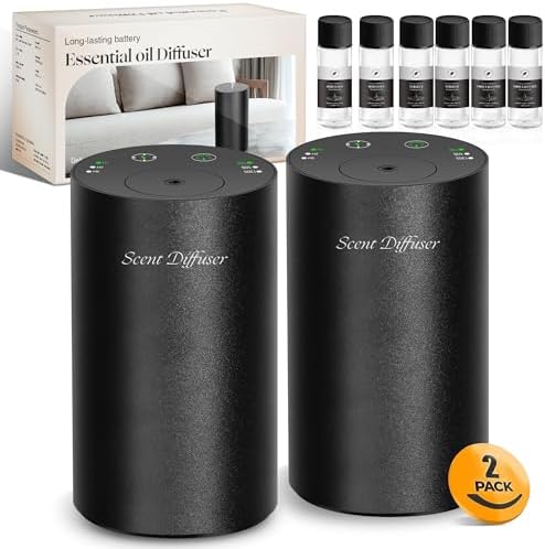 Waterless Essential Oil Diffuser Starter Kit - No Water Needed, Battery Operated Mini Scent Air Machine, Included 3x20ML Essential Oils, Portable Aromatherapy Diffuser for Home & Car, Black, 2Pack by EvCZen