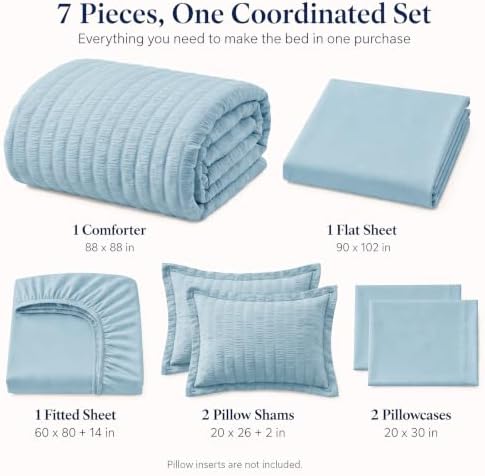 CozyLux Queen Comforter Set, 7 Pieces Light Blue Seersucker Bed in a Bag - Image 2