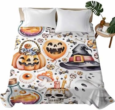 Halloween California King Flat Sheet Candy Pumpkin Flat Sheets Only Soft Bedding Top Sheets Hotel Quality Witch Hat Eyeball Skull Ghost Cal King Bed Sheet for All Season Bedroom Dorm Halloween Decor by LooPoP