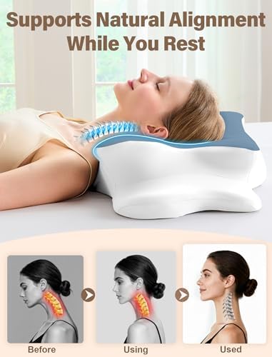 Cervical Neck Pillow for Pain Relief – Ergonomic Memory Foam Pillow for Side Sleeper Contour Orthopedic Bed Pillow for Neck Support with Cooling Cover – Ideal Christmas Birthday Gift - Dark Blue - Image 3