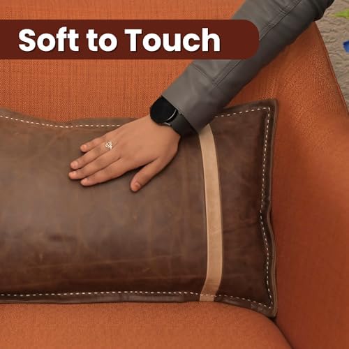 LL LEATHER LOVERS 100% Lambskin Leather Pillow Cover - Sofa Cushion Case - Decorative Throw Covers for Living Room & Bedroom, Chiku Brown & Off White Box Pack of 2-12X20 Inch - Image 4
