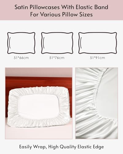 Yanideer Satin Pillowcase for Hair & Skin Travel Elastic Band Cooling Satin Pillowcases - Satin Pillow Case Cover Pillow Cases Standard Size Queen, White - Image 4
