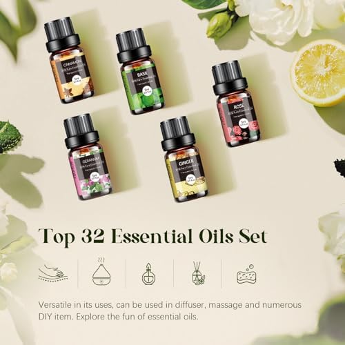 Essential Oils Set - 32x5ml Pure Aromatherapy Essential Oils Kit for Diffuser, Humidifier, Aromatherapy, Massage, Skin & Hair Care - Lavender, Tea Tree, Eucalyptus, Sandalwood, Peppermint, Rosemary - Image 3