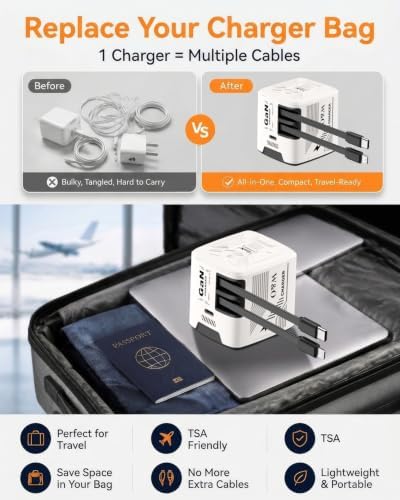 W & O 60W Gan Fast Charger Wall Plug, Built-in Retractable USB-C & L Cables - Image 7