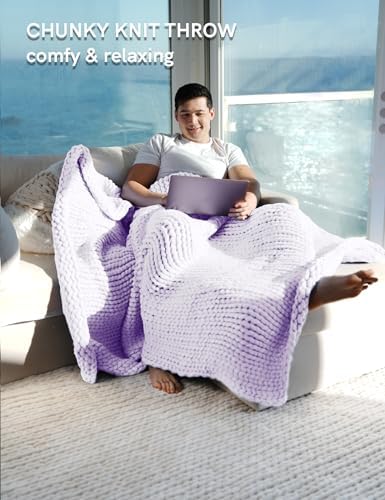 YnM Chunky Throw Blanket, Medium-Weight, Hand Knitted, Skin Friendly, Ventilated and Breathable, Machine Washable, Home Décor Piece for Couch, Sofa and Bed (Iris Lavender, 50x70 Inch) - Image 3