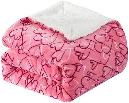 Elegant Comfort Luxury Valentine’s Day Sherpa Throw Blanket Ultra-Soft Cozy Velvet Pink Hearts Fleece Throw - Micromink Sherpa for Her, Wife, Girlfriend, Sherpa Reversible Blanket- Amara by ELEGANTCOMFORT