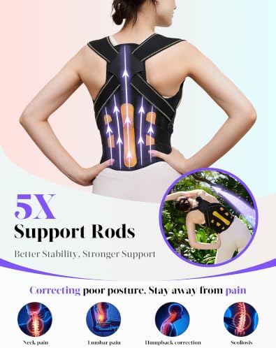 Kepwaa Posture Corrector for Women and Men, 5 Full Back Support Brace Rods, Adjustable Shoulder Straightener, Relief for Upper and Lower Back, Neck, Lumbar, Scoliosis, Hump, Black Yellow, Medium - Image 2