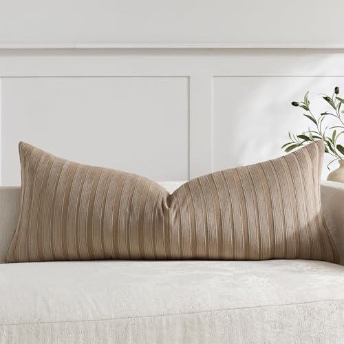 DEZENE 14x36 Khaki Lumbar Pillow Covers Soft Striped Corduroy Neutral Rectangular Long Body Pillow Cases for Couch Sofa Bedroom Living Room Home Decor by DEZENE