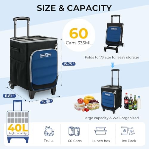 INSMEER 2-in-1 Rolling Cooler with Wheels, 60 Cans Collapsible Soft Sided Cooler on Wheels, Hard Top with 2 Cup Holders, Insulated 100% Leakproof Wheeled Cooler Bag for Beach Camping Outdoor - Image 2