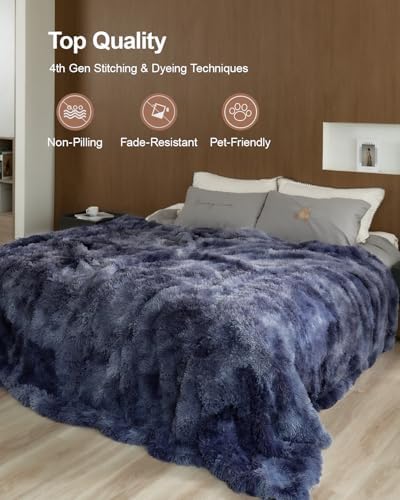 Pawque King Size Faux Fur Sherpa Fleece Blanket, Tie-Dye Blue 90x108 inches - Image 4