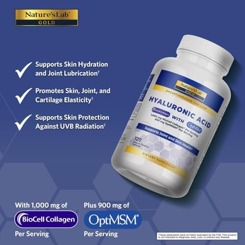 Nature's Lab Hyaluronic Acid with Biocell Collagen and MSM - Skin Hydration, Joint Health - 120 Capsules (40 Day Supply) - Image 2