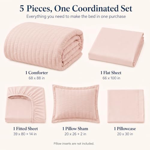 CozyLux Twin XL Comforter Set, 5 Pieces Blush Pink Seersucker Bed in a Bag - Image 2