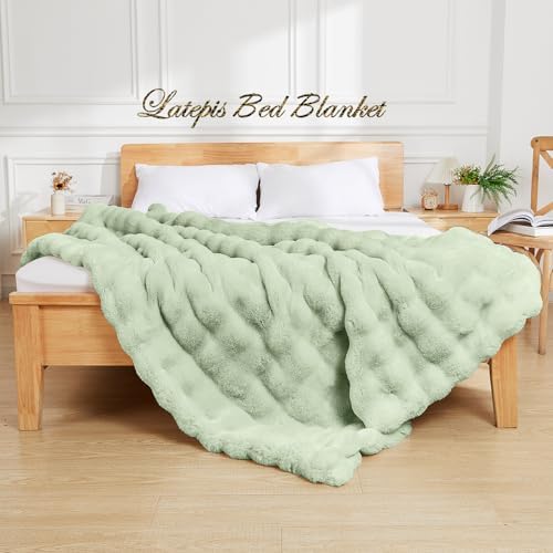 Latepis Faux Fur Throw Blankets Sage Green Bubble Cozy Soft Heavy Blanket for Couch Fuzzy Thick Blanket for Sofa Bedroom Plush Fluffy Warm Blankets for Winter Luxury Throw Blanket 50''x60'', 860gsm - Image 2