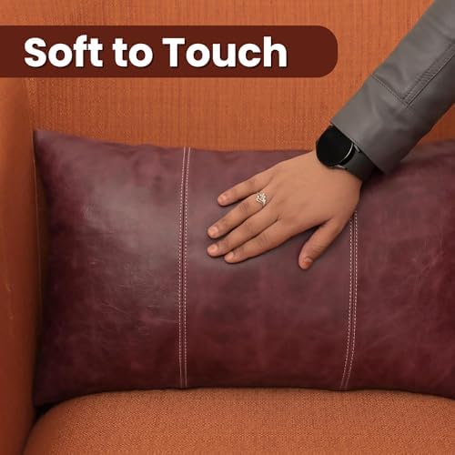 LL LEATHER LOVERS 100% Lambskin Leather Pillow Cover 10x18 Inch – Hand-Stitched Cushion Case with Hidden Zipper, Decorative Throw Cover for Sofa, Bed and Living Room - Pink Maroon Panel Pack of 1 - Image 4