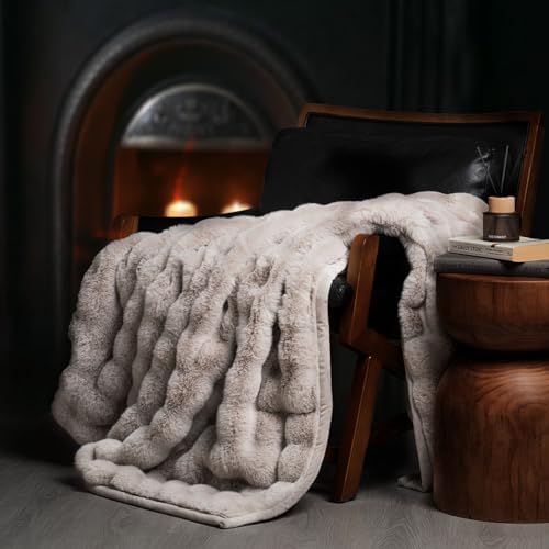 EverGrace Faux Rabbit Fur Bubble Throw Blanket, 50"x60", Taupe by EVERGRACE