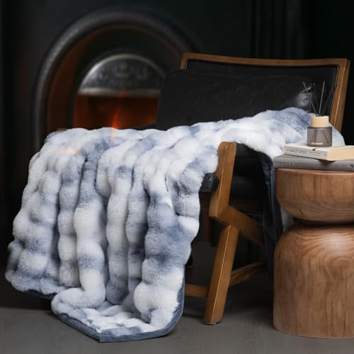 EverGrace Faux Rabbit Fur Bubble Throw Blanket, 50"x60", Cloud Blue by EVERGRACE