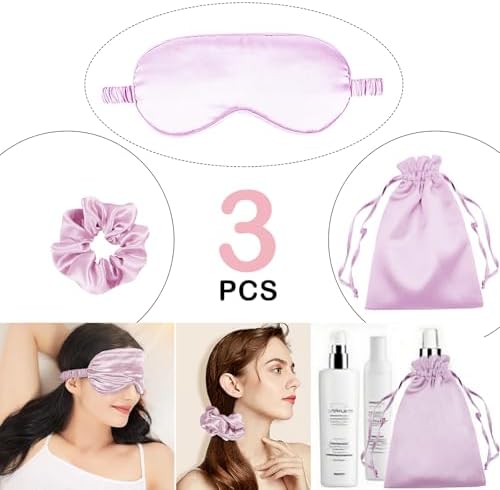 3Pcs Satin Eye Mask Silk Sleep Masks Set Silky Blindfold Eyeshade Blackout Eyes Cover Pouches Bag Scrunchy Wedding Gift-Color: Lilac - Image 2