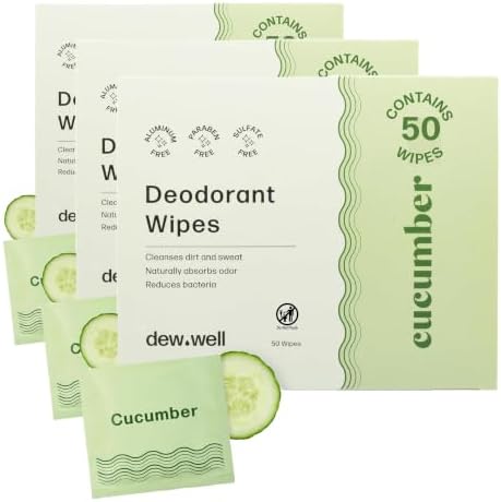 Dew Well Deodorant Wipes - Individually Wrapped Travel Wipes - On-the-Go Travel Toiletries - Natural Deodorant Formula - 50 Count, Pack of 3, Cucumber by DewWell