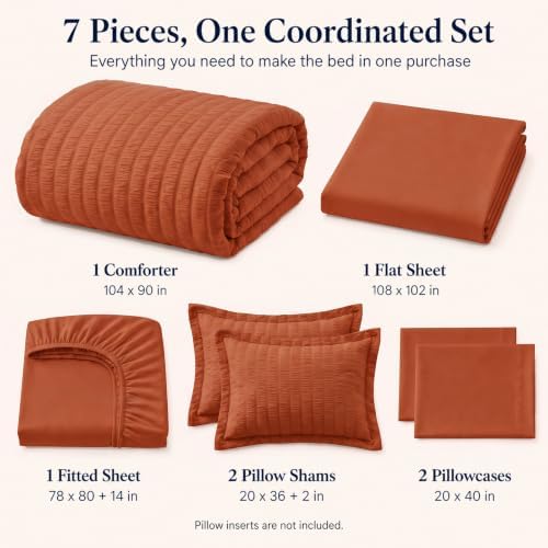 CozyLux King Comforter Set, 7 Pieces Burnt Orange Seersucker Bed in a Bag - Image 2