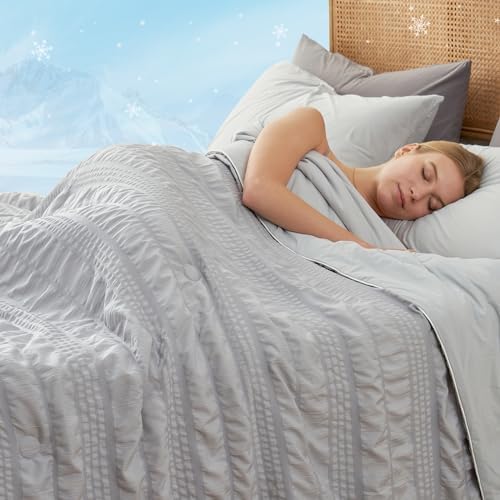 Cozy Bliss Seersucker Cooling Comforter Twin Size, Q-Max 0.45 Reversible Lightweight Cooling Blanket, Breathable Silk Smooth Summer Bedding Quilt for Hot Sleepers Night Sweats Light Grey - Image 2