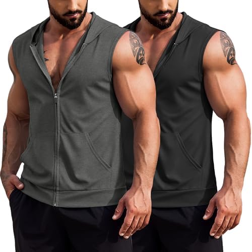 COOFANDY Men's Workout Hooded Tank Tops 2 Pack Zip Up Sleeveless Gym Shirts Muscle Cut Off T Shirt Bodybuilding Hoodies by COOFANDY
