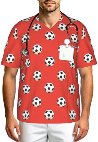 Men's Scrub Top,V-Neck Spill Wrinkle Resistant,3 Pockets-Soccer Ball (1) by Unknown