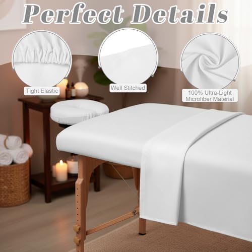 Oudain 4 Sets 3 Piece Soft Microfiber Massage Table Sheets Set Bulk Includes Massage Flat Sheet and Fitted Sheet and Face Rest Cover(White) - Image 3