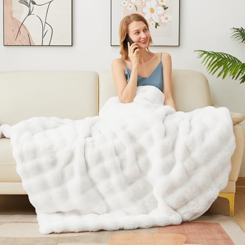 Latepis White Throw Blanket for Couch, Soft Faux Fur Bubble Blankets for Sofa Bedroom Living Room, Cozy Warm Fluffy Blanket for Winter, Great Birthday Gift Selection, 50x60 Inch, 860GSM - Image 5