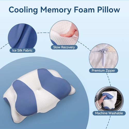 Cervical Neck Pillow for Sleeping, Ergonomic Contour Pillow for Neck and Shoulder Pain with Pillowcase, Cooling Memory Foam Pillows for Side Sleepers, Back Sleepers and Stomach Sleepers, Blue - Image 6