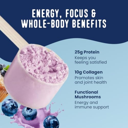 FlavCity All in One Protein Shake Powder, Blueberry Muffin - On the Go Meal Alternative + Collagen Peptides, Reishi & Cordyceps - Focus, Skin, Hair & Joint Support - 100% Grass Fed Whey, 20 Servings - Image 4