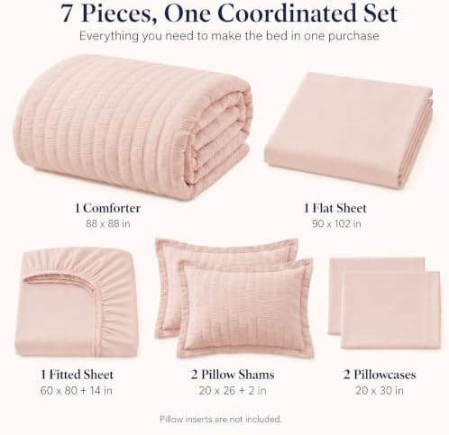 CozyLux Queen Comforter Set, 7 Pieces Blush Pink Seersucker Bed in a Bag - Image 2