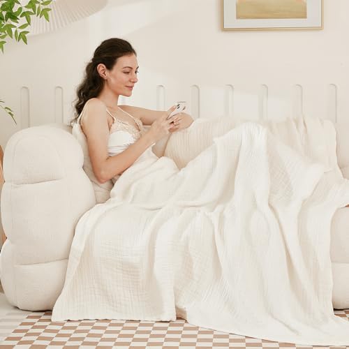 EMME Cotton Muslin Twin Blanket Breathable Gauze Soft Lightweight Adults Gifts for Women (White,60"x80") - Image 2