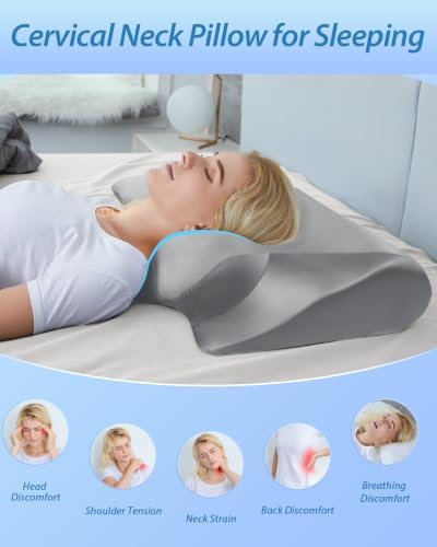 HOMCA Memory Foam Cervical Pillow, 2 in 1 Ergonomic Contour Orthopedic Pillow for Neck Pain, Contoured Support Pillows for Side Back Stomach Sleepers with Satin Pillowcase (Satin Gray) - Image 3