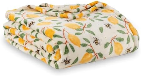 Berkshire Blanket-Classic Heavyweight Soft Printed VelvetLoft® Plush Blanket, Full/Queen Size Soft Fuzzy Warm Blanket for Couch Sofa Bed, Lemons and Bees Yellow, 90in x 90in by BerkshireHomeCompany
