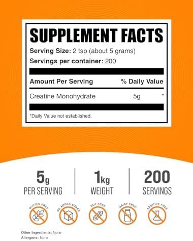 BulkSupplements.com Creatine Monohydrate Powder - Micronized Creatine Powder, Unflavored - Pure & Gluten Free, 5g (5000mg) per Servings, 1kg (2.2 lbs) (Pack of 1) - Image 2